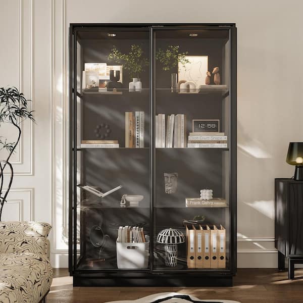 Black 74.8 in. H Metal Display Storage Cabinet, Bookcase with 4 Glass Shelves, Glass Sliding Doors & LED Light Top