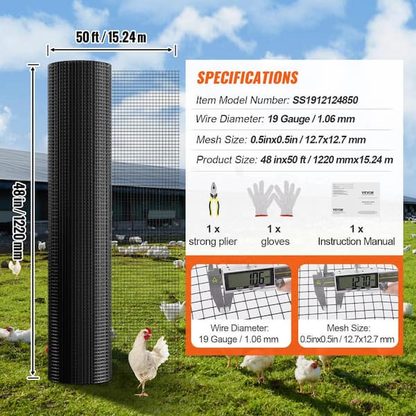 VEVOR Hardware Cloth 0.001 in. x 4 ft. x 50 ft. Galvanized Wire Mesh Roll 19 Gauge Chicken Wire Fence Roll Hardware Cloth