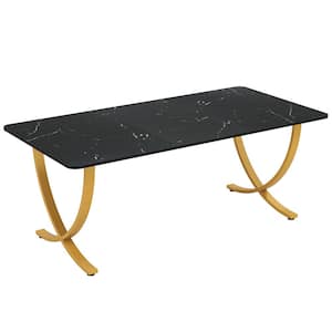 Halseey Modern Black Wood 63 in. Trestle Dining Table Seats 4 to 6 with Faux Marble Table Top