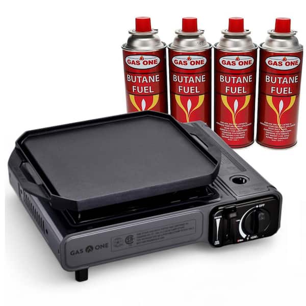 Butane Gas Portable Camping Stove with Griddle and Butane Fuel (4-Piece Bundle)