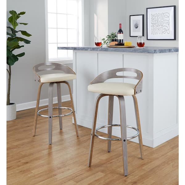 Lumisource Cassis 29.5 in. Cream Faux Leather, Light Grey Wood and Chrome Metal Fixed-Height Bar Stool (Set of 2)
