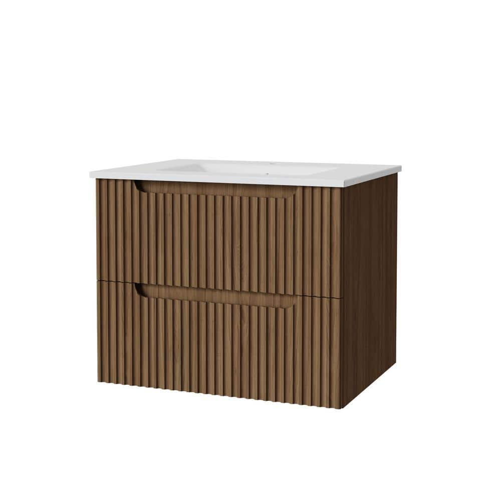 24 in. W Wall-Mount Walnut Bath Vanity with White Ceramic Top Unassembled