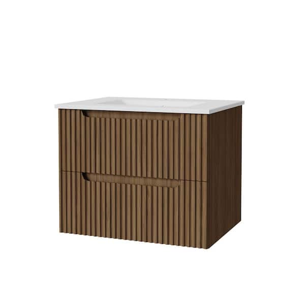 Unbranded 24 in. W Wall-Mount Walnut Bath Vanity with White Ceramic Top Unassembled