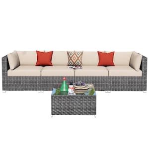 Messi Grey 5-Piece Wicker Outdoor Patio Conversation Sofa Seating Set with Beige Cushions