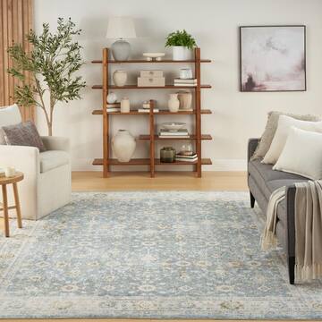Nourison Astra Machine Washable Teal Beige 8 ft. x 10 ft. Distressed Traditional Area Rug 978240
