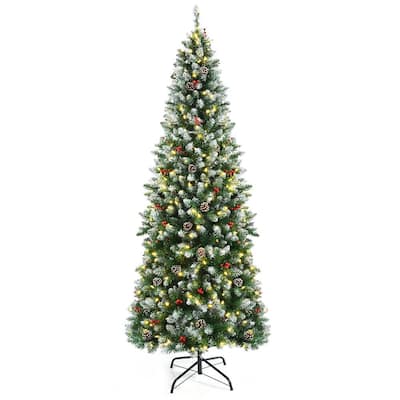 7 ft. Pre-lit Hinged Pencil Artificial Christmas Tree Decorated Snow Flocked Tips