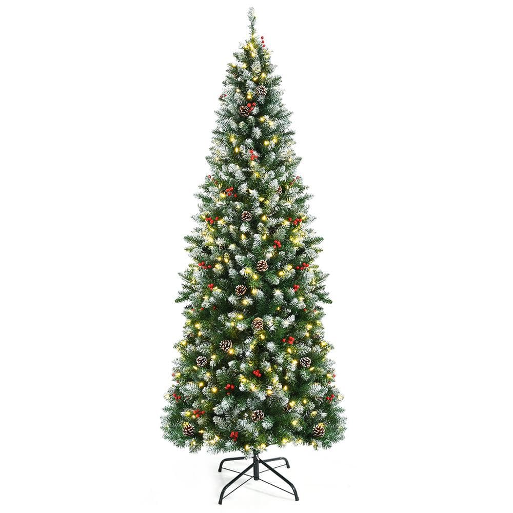 Costway 7 ft. Pre-lit Hinged Pencil Artificial Christmas Tree Decorated Snow Flocked Tips