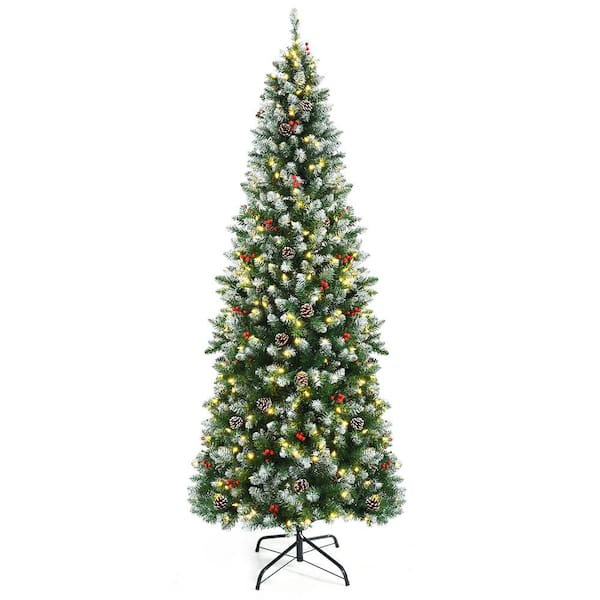 Costway 7 ft. Pre-lit Hinged Pencil Artificial Christmas Tree Decorated Snow Flocked Tips