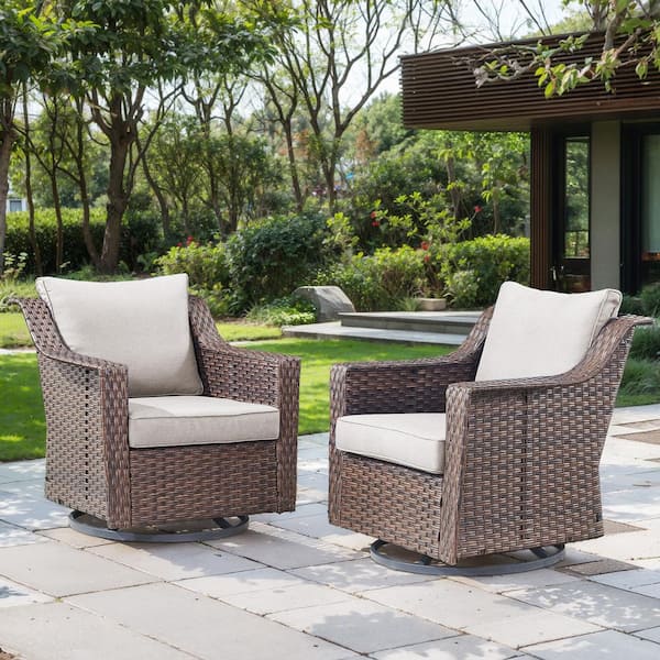 Luxurious Brown Swivel Glider Wicker Outdoor Rocking Chair with Beige Cushions and 4 In. Wide Armrest (2-Pack)