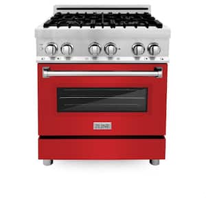 30 in. 4 Burner Dual Fuel Range with Red Matte Door in Stainless Steel