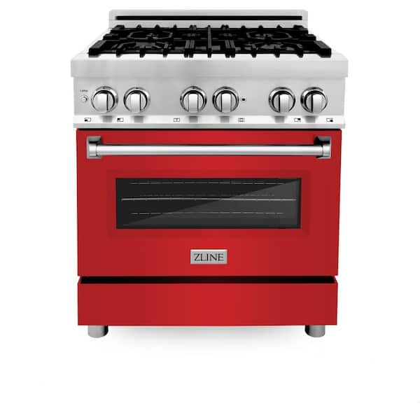 30 in. 4 Burner Dual Fuel Range with Red Matte Door in Stainless Steel