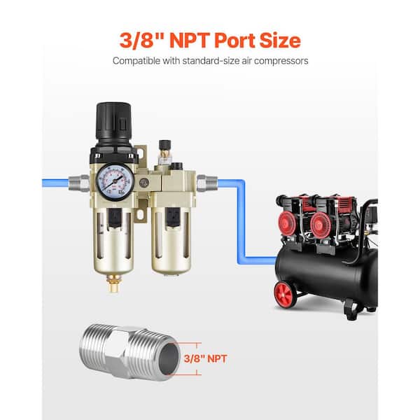 SKYSHALO Air Compressor Filter Regulator Lubricator (FRL), 3/8 in. NPT Air Compressor Water Separator, Semi-Auto Drain System