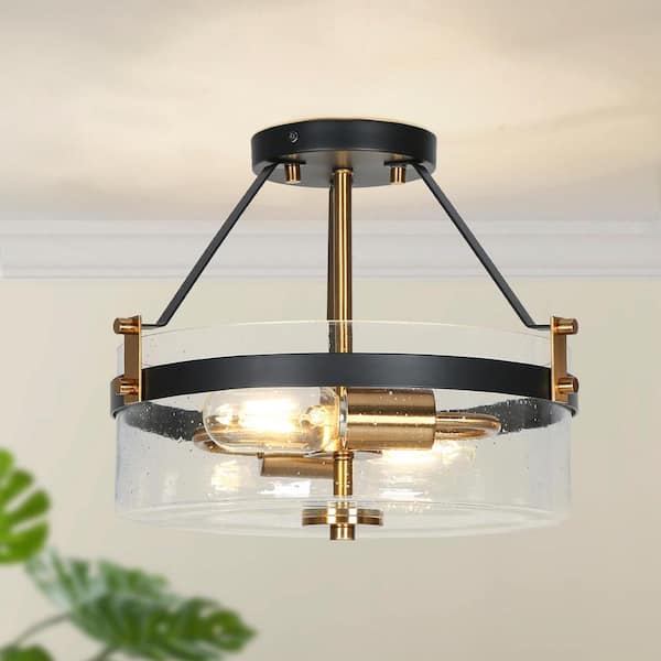 Uolfin Modern Farmhouse Drum Semi Flush Mount Light 2 Light Black And