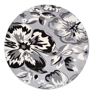 Modern Comtemporary Floral Design Gray 6 ft. 6 in. Indoor Round Area Rug