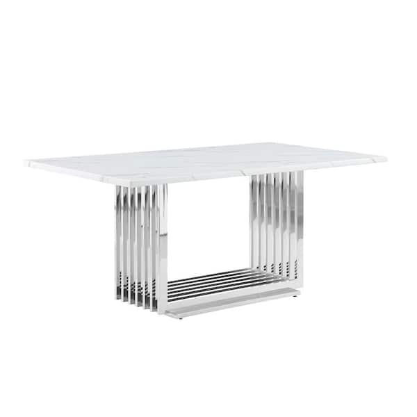 Best Quality Furniture Lisa White Marble 79 in. Double Pedestal in Dining Table Seats 8 Stainless Steel Base