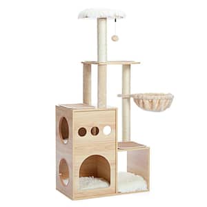 50 in. Modern Cat Tree Dual Wooden Cat Condos, Climbing Tower for Large Cats with Fully Sisal Covering Scratching Posts