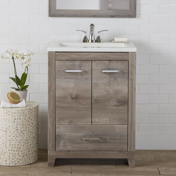Home Decorators Collection Oracle 24 in. W x 19 in. D x 33 in. H Single Sink  Bath Vanity in White Washed Oak with White Cultured Marble Top
