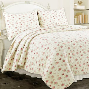 Soft Subtle Ditsy Rose Floral Garden 3-Piece Pink Cream Scalloped Shabby Chic Cotton King Quilt Bedding Set