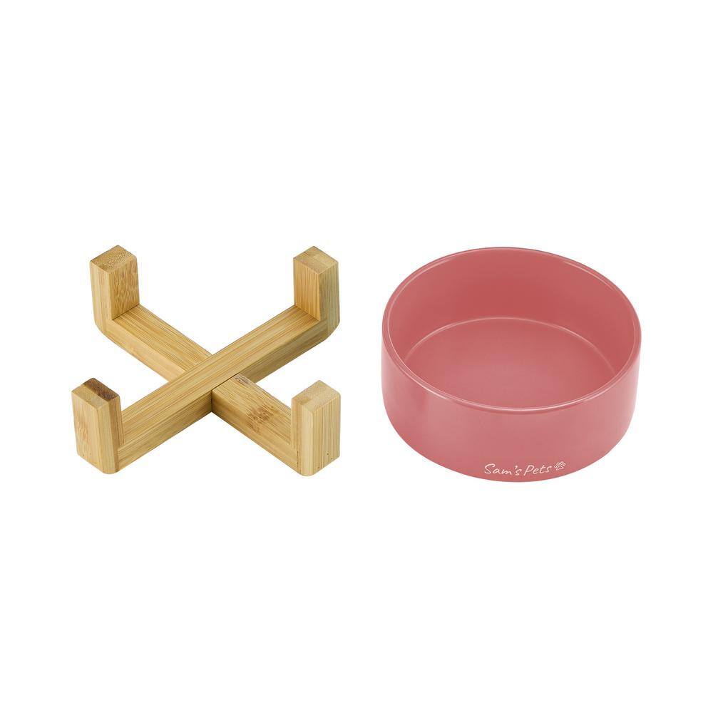 Pink Ceramic Dog Bowl with Wooden Stand