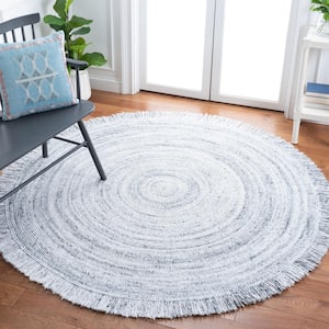 Braided Light Gray 3 ft. x 3 ft. Abstract Striped Round Area Rug