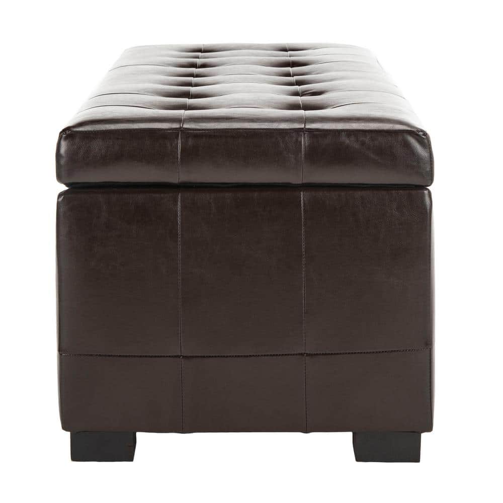 Large Brown Leather Storage Bench with Button Tufts