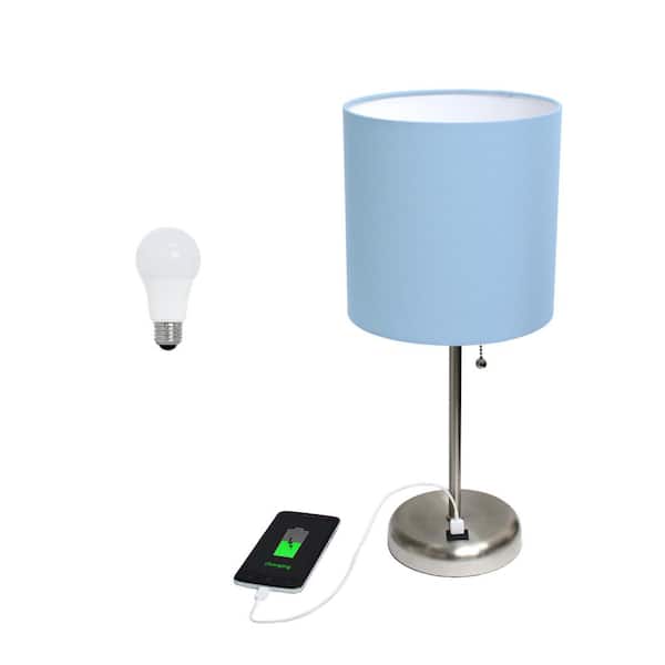 19.5 in. Contemporary Bedside USB Port Base Standard Metal Table Desk Lamp in Brushed Steel, Blue Shade, with LED Bulb