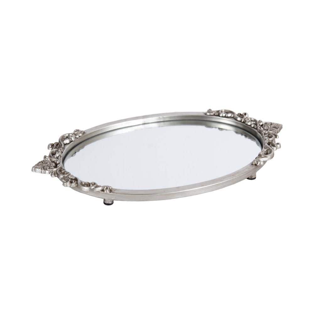 Antique Silver Oval Mirrored Decorative Tray with Ornate Detailing