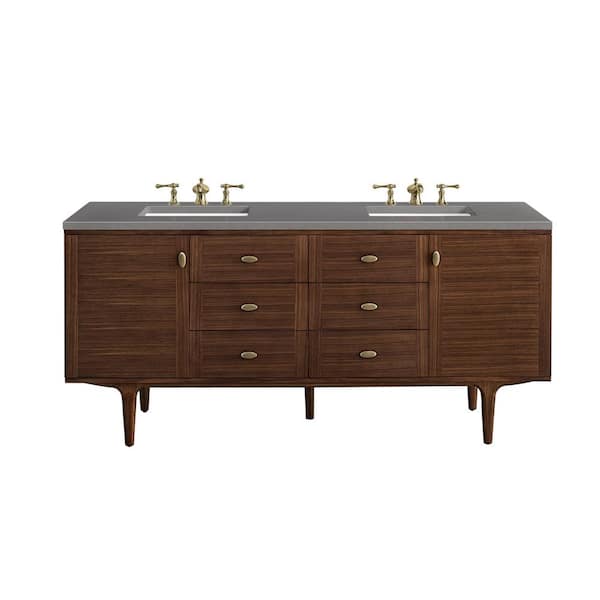 James Martin Vanities Amberly 72.0 in. W x 23.5 in. D x 34.7 in. H Bathroom Vanity in Mid-Century Walnut with Grey Expo Quartz Top