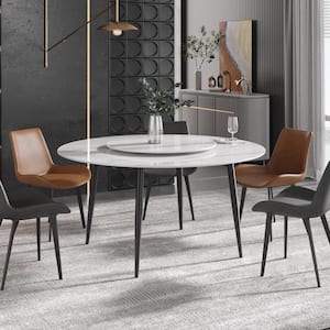 59.05 in. Modern Round White Lazy Susan Rotary Sintered Stone Dining Table with Black Carbon Steel Legs (Seat 8)