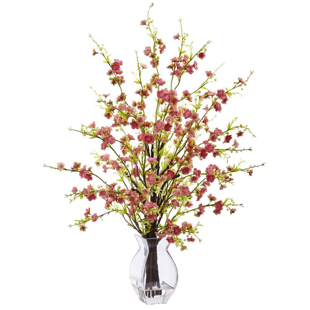 Nearly Natural 26 in. Artificial Cherry Blossom in Glass Vase in Pink