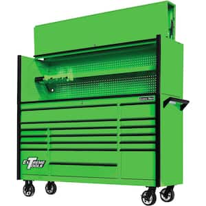 DX Series 72 in. Professional Hutch and 17-Drawer Roller Cabinet Combo, 100 lbs. Slides, Green with Black Drawer Pulls