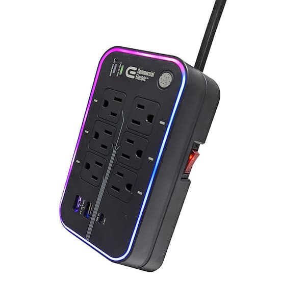 Commercial Electric 6 ft. 6-Outlet RGB Gaming Surge Protector with 2 USB-A and 1 USB-C, Black