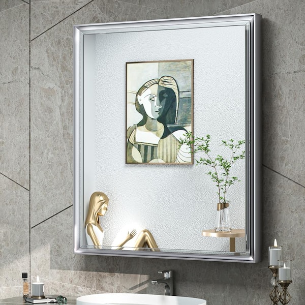 KeonJinn 26 in. W x 30 in. H Rectangular Silver Aluminum Alloy Framed Recessed/Surface Mount Medicine Cabinet with Mirror