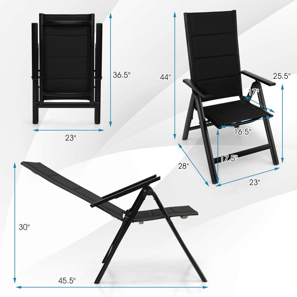 Black Aluminum Outdoor Dining Chair with Adjustable Backrest and Mesh Fabric