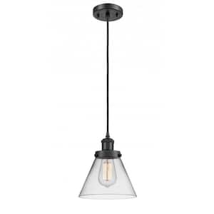 Cone 1-Light Matte Black Shaded Pendant Light with Clear Glass Shade