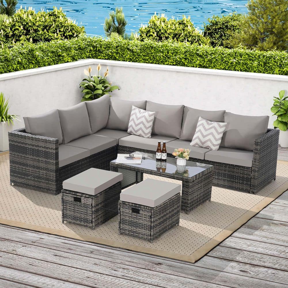 6 Pieces Wicker Patio Conversation Set, All Weather Outdoor Furniture Set w