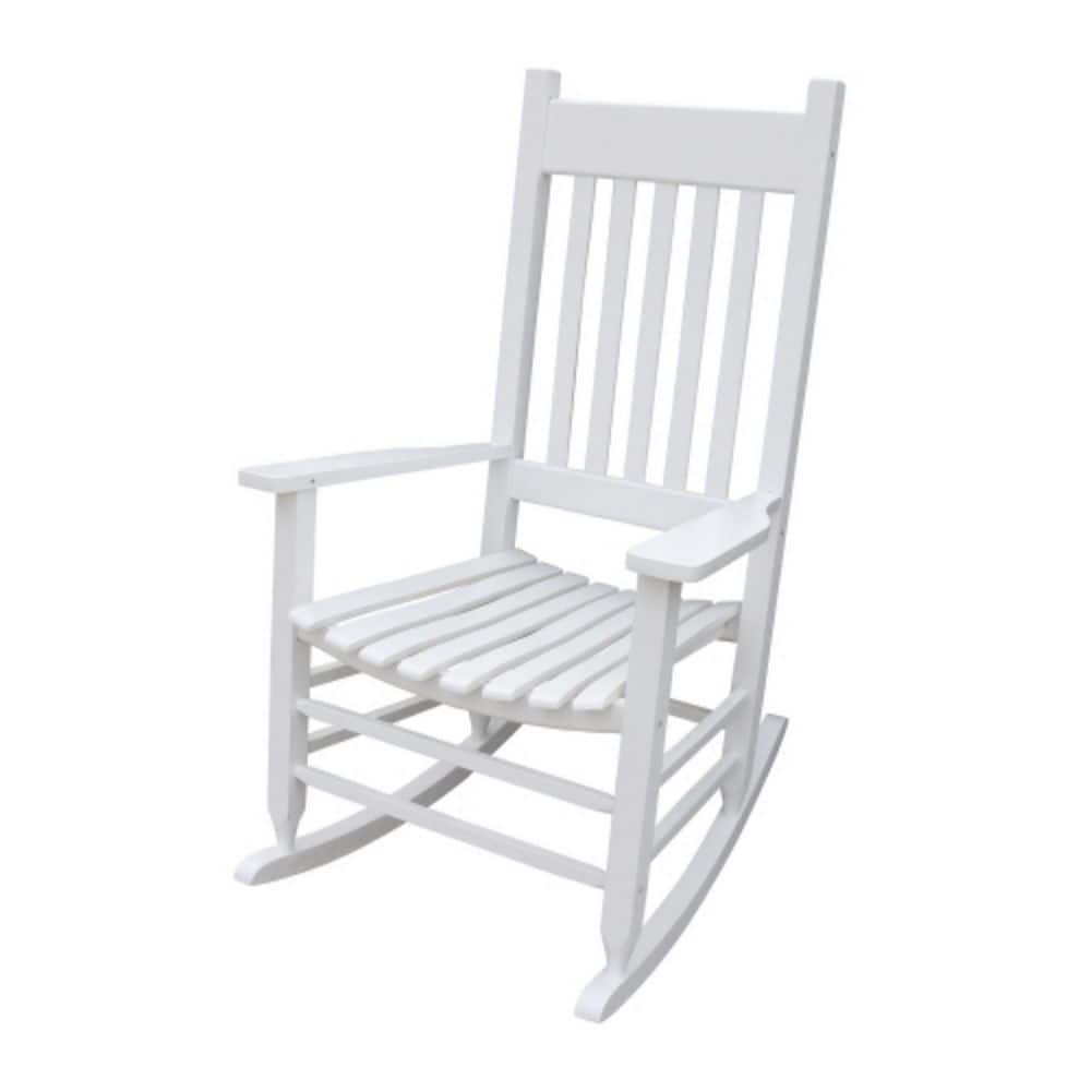 White wood outdoor rocking chair shown from a side view.