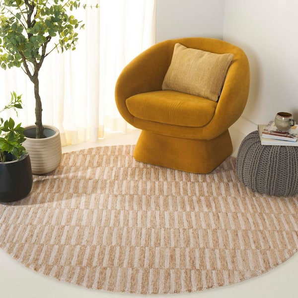 Ebony 6 ft. x 6 ft. Beige/Brown High-Low Striped Round Area Rug
