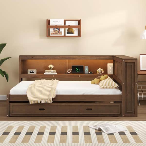 Brown Full Size Daybed with Trundle, USB Charging Station and LED Strip