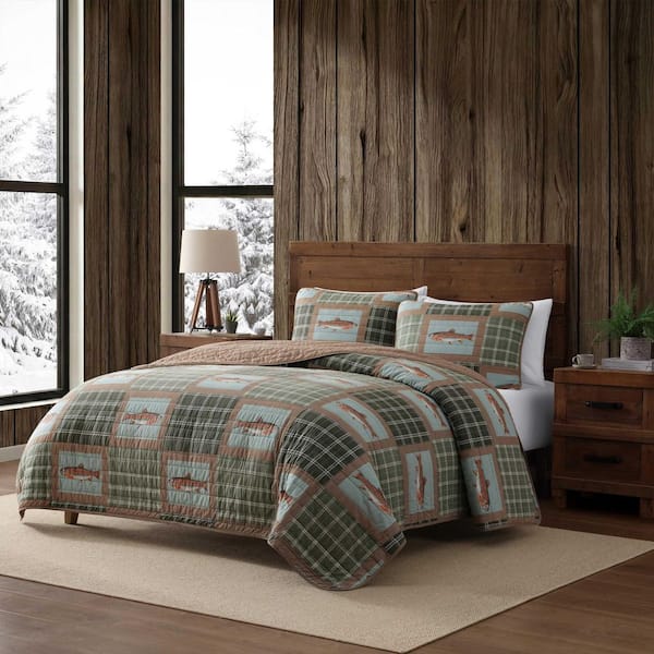 Trout Lake Reversible 3-Piece Olive Green/Oak Brown Cotton Full/Queen Quilt Set