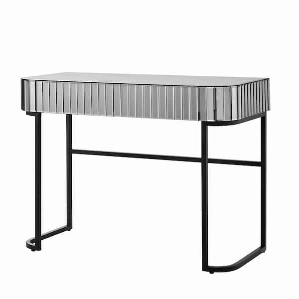 2-Drawers Gray Makeup Vanity Table Wooden Dressing Desk with Mirror, Stainless Steel Base