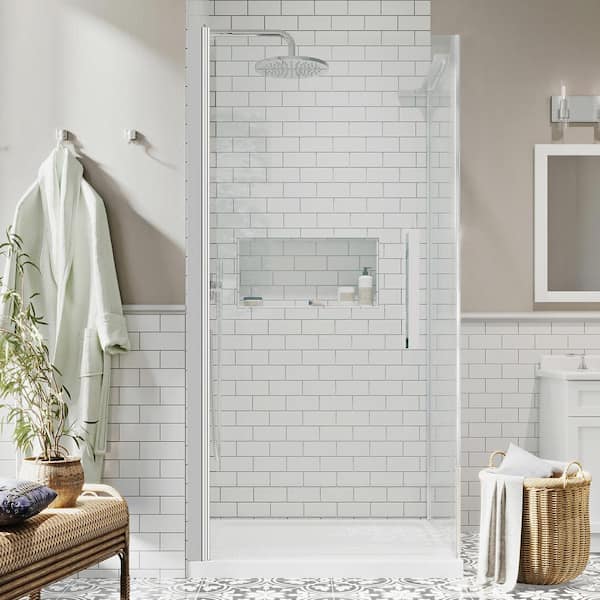 OVE Decors Pasadena 34 in. L x 32 in. W x 75 in. H Corner Shower Kit with Pivot Frameless Shower Door in Chrome and Shower Pan