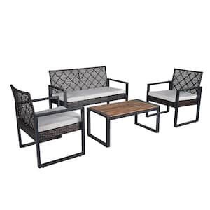 4-Piece Brown Wicker Outdoor Sectional Conversation Set with Wood Table Top and Beige Cushions for Porch Lawn