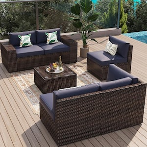 6-Piece Rattan Wicker Steel Patio Outdoor Sectional Set and Coffee Table with Blue Cushions and Set Covers