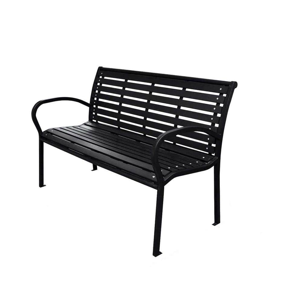 49 in. Black Rectangle Metal Bench with Backrest