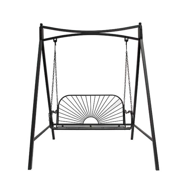 60" Iron Sun-Shaped Hanging Seat for Two, Durable Indoor/Outdoor Swing Bench, Black Metal Patio Swing with Sun Pattern