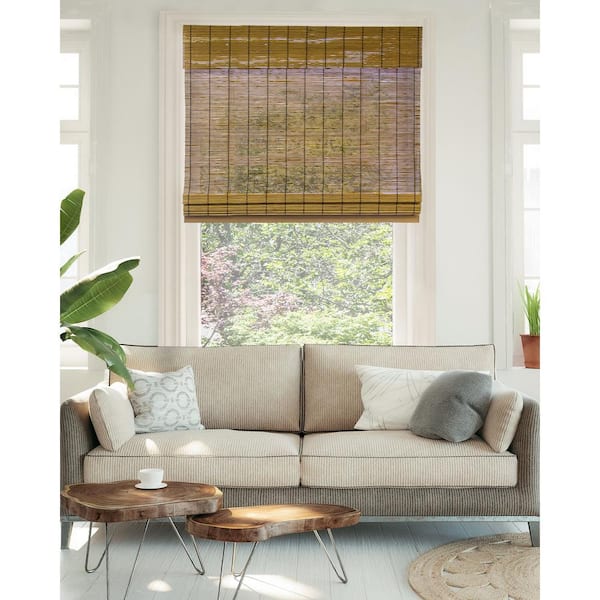Premium True-to-Size Brown Fox Cordless Light Filtering Natural Woven Bamboo Roman Shade 34 in. W x 64 in. L