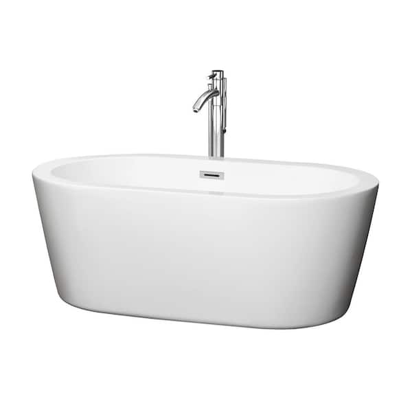 Wyndham Collection Mermaid 60 in. Acrylic Flatbottom Center Drain Soaking Tub in White with Floor Mounted Faucet in Chrome
