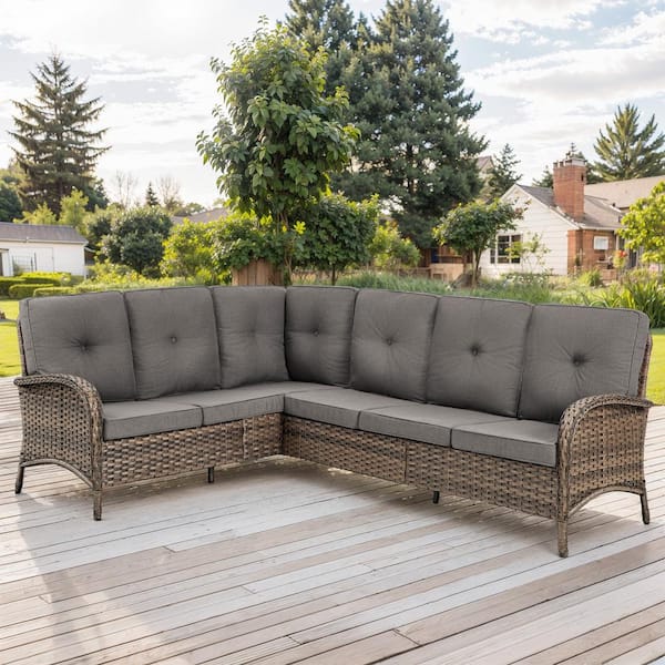 2-Piece Brown Wicker Outdoor Sectional Set with Olefin Gray Cushions and L-Shaped Sofa