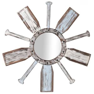 Montauk 34 in. x 34 in. Coastal Round Framed Weathered White Light Blue Distressed Wood Decorative Mirror